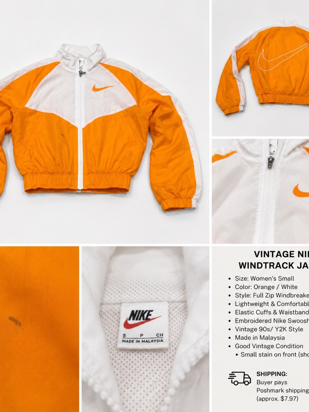 Vintage Nike Orange & White Cropped Windbreaker Jacket Women’s Small